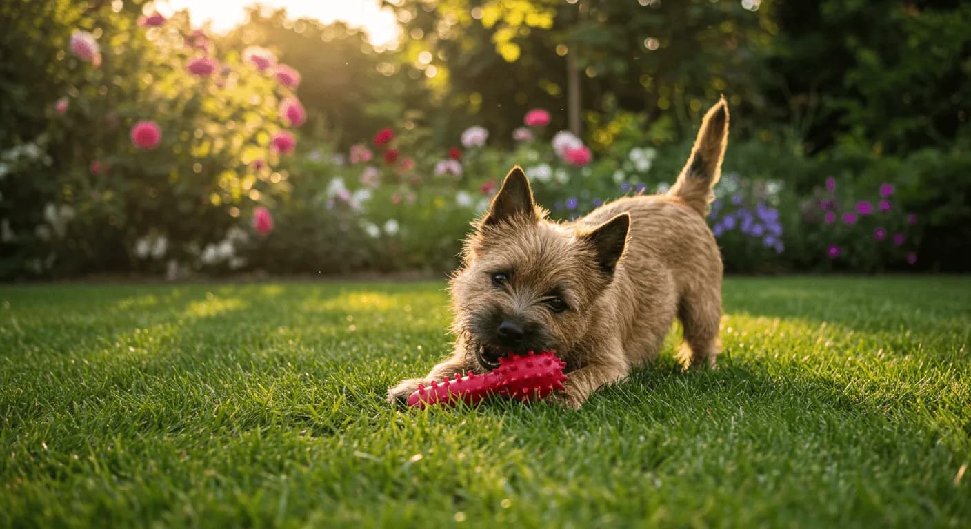 A Cairn Terrier puppy playfully biting a toy in a garden