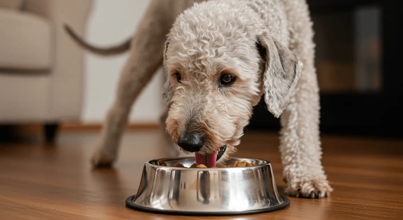 A happy Bedlington Terrier eating from a dog bowl.