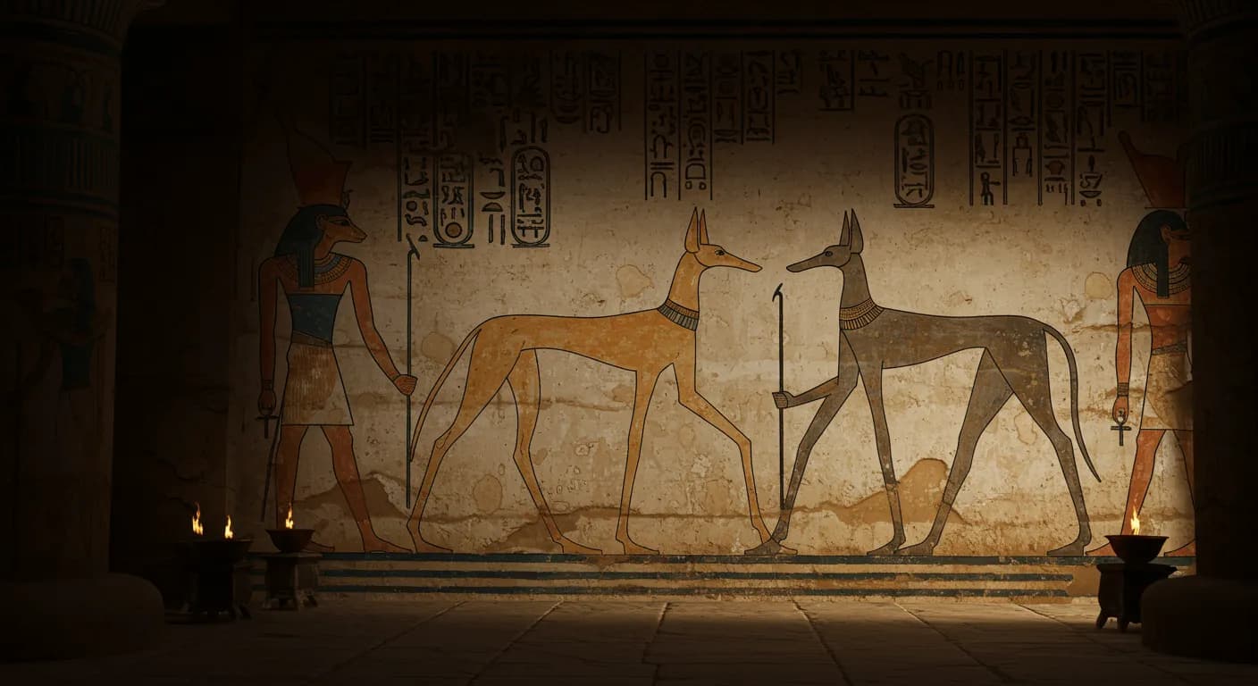 Ancient Egyptian mural showing slender hound-like figures