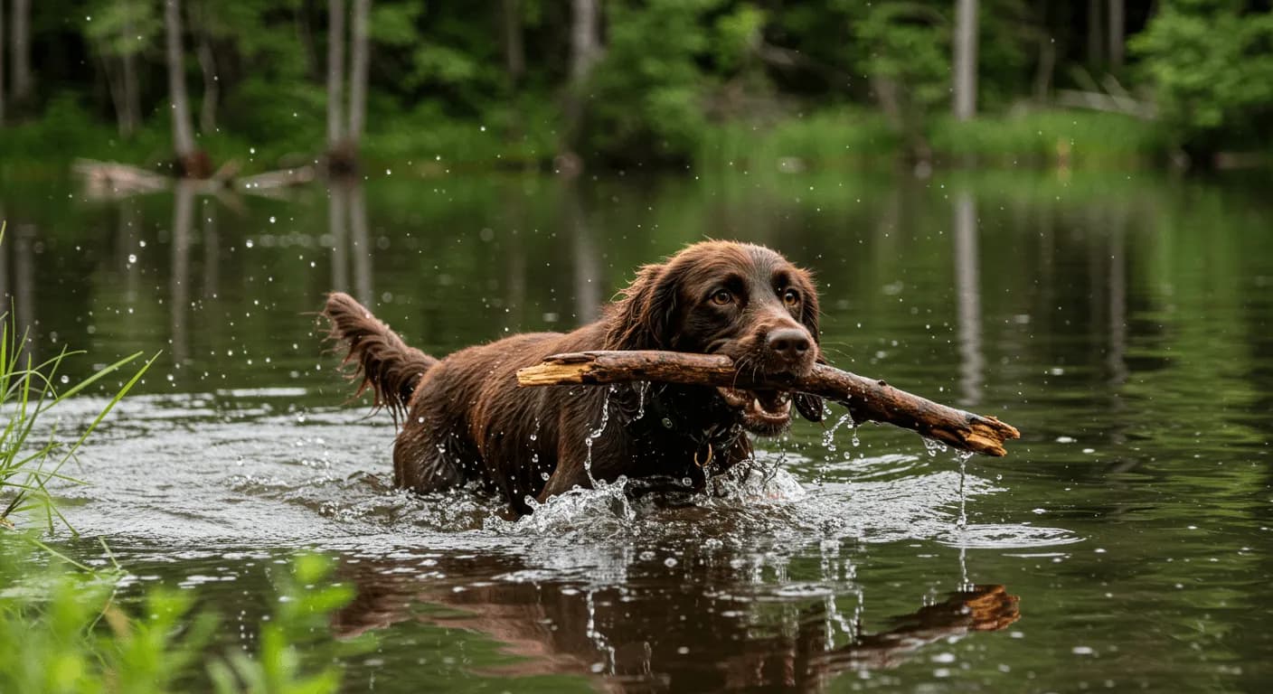 Boykin Spaniel swimming in a lake retrieving a stick