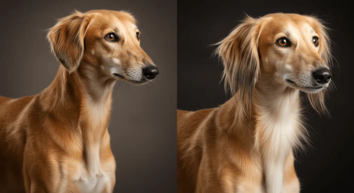 Close-up of smooth vs. feathered Saluki coat types