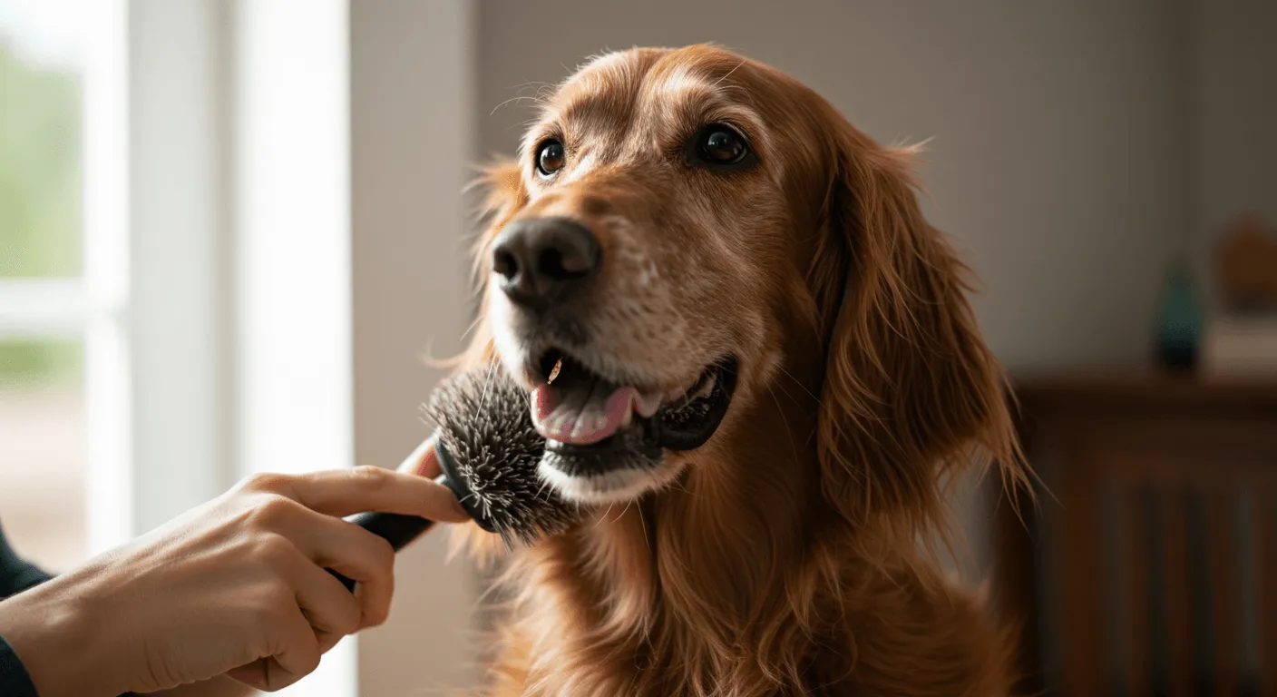 English Setter being brushed while sitting happily