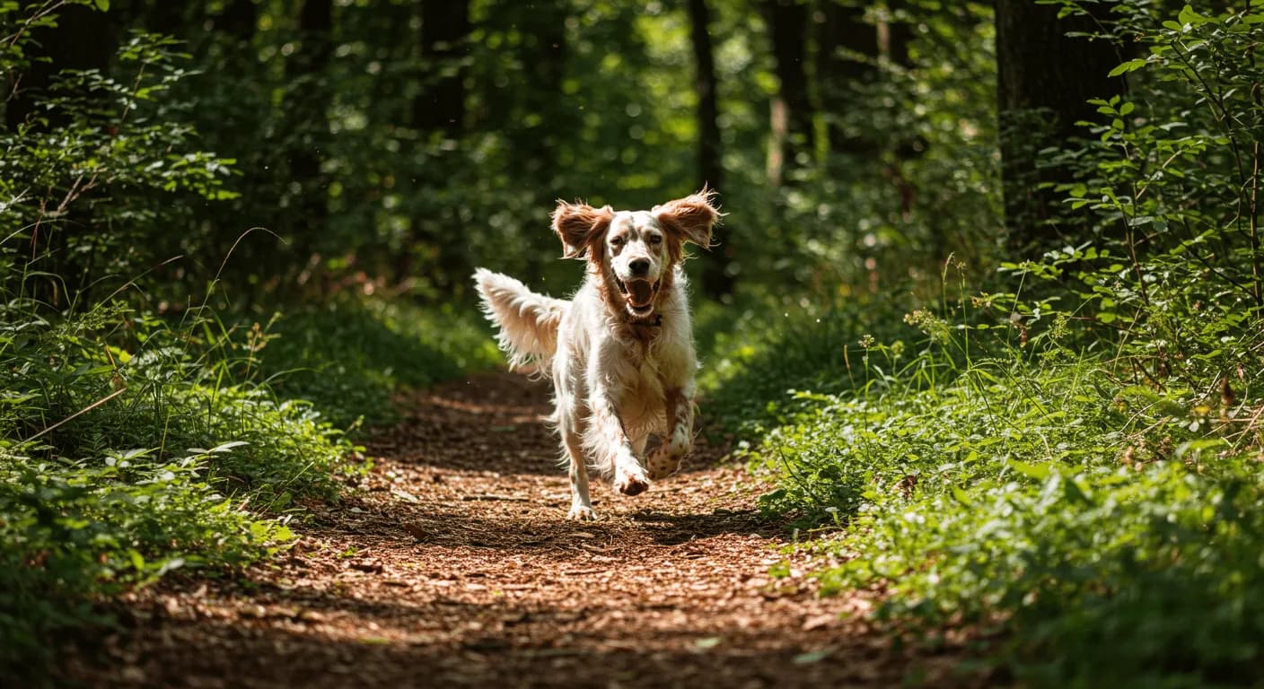 English Setter joyfully running through a wooded trail