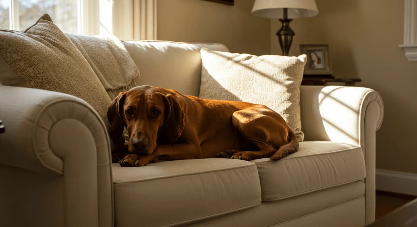 Redbone Coonhound lounging on a cozy couch inside a home