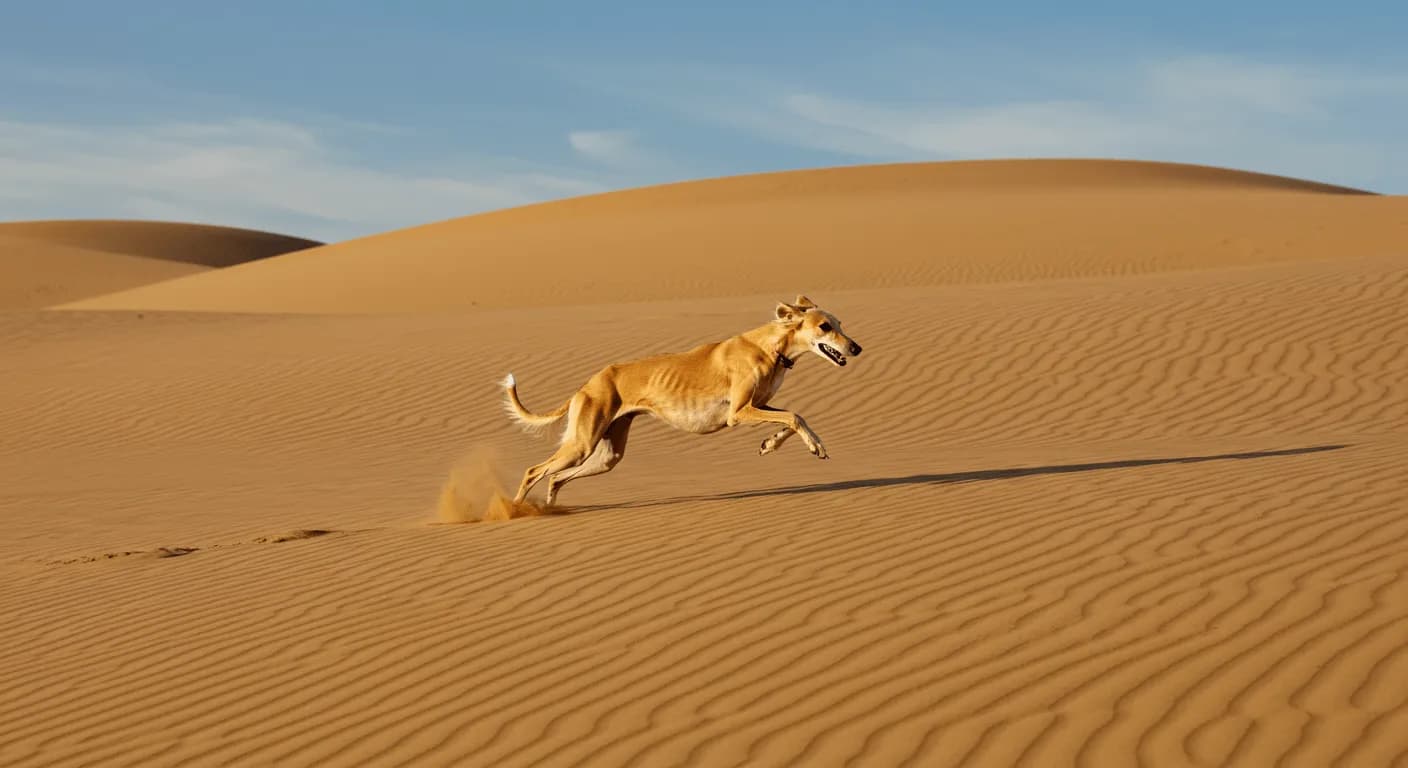 Saluki gracefully sprinting across rolling desert sands