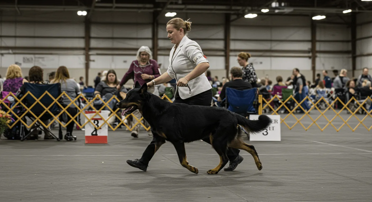 A Beauceron elegantly trotting through a dog show arena in the United States, its handler close behind.