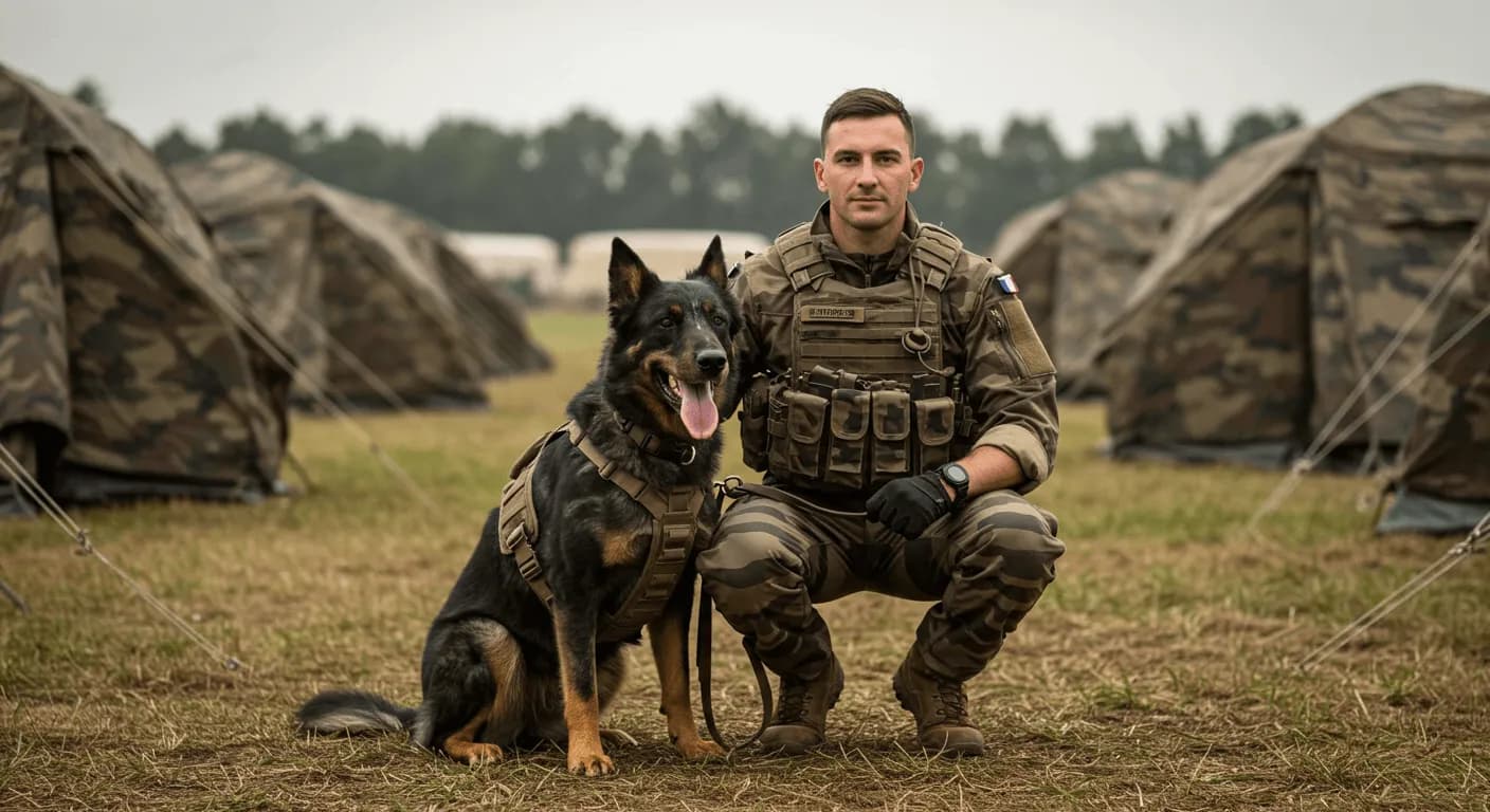 A Beauceron in a military harness sitting next to a French soldier, with camouflage tents in the background.