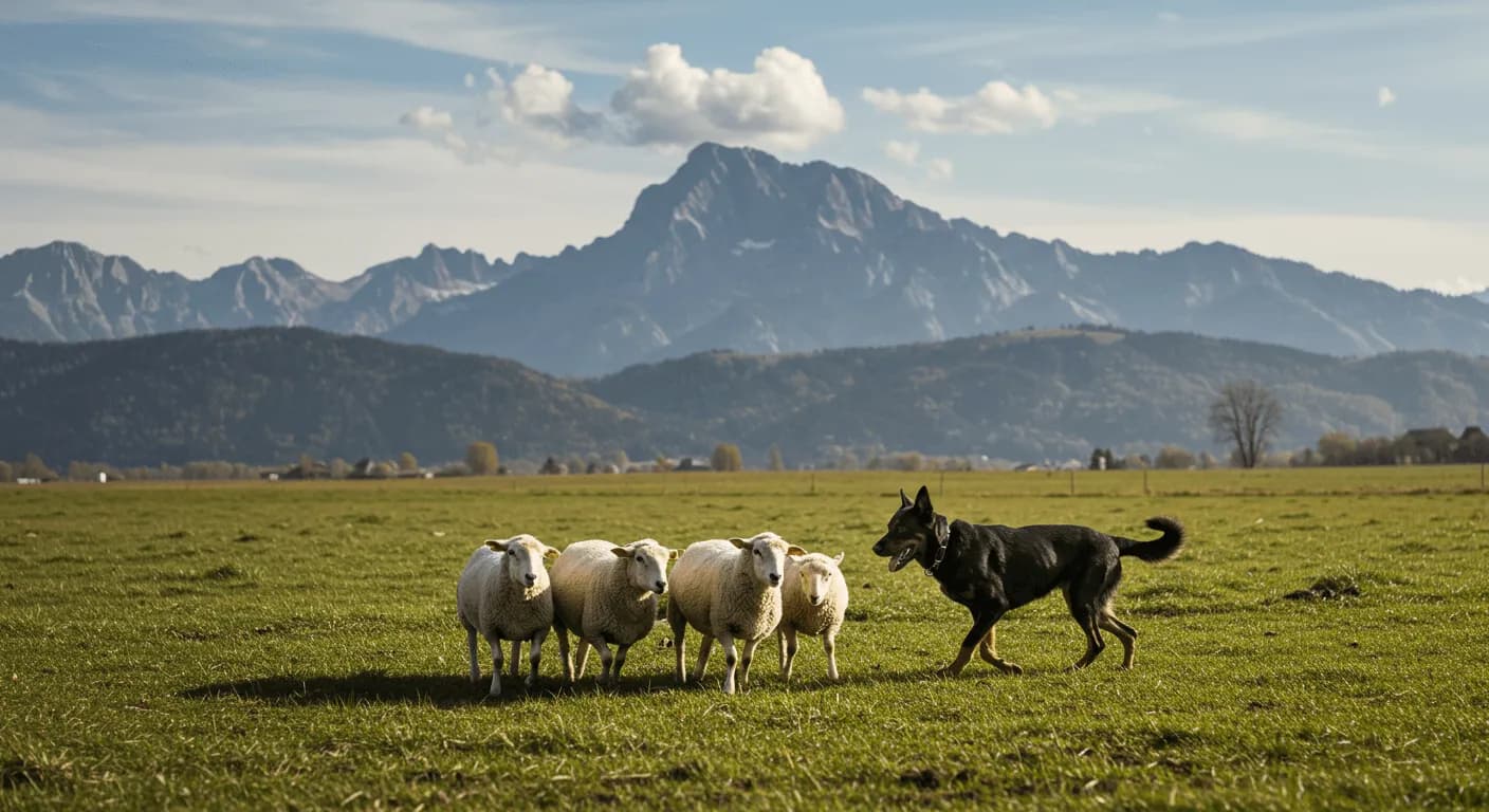 A black and tan Beauceron herding a small group of sheep, with a wide field and mountains in the background.