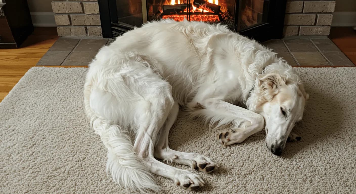 A Borzoi curled up in an odd, endearing sleep position on a cozy rug near a fireplace