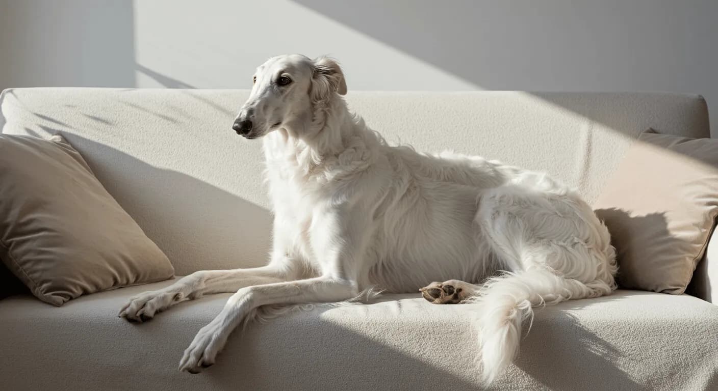 A Borzoi lounging gracefully on a soft sofa, looking relaxed and regal