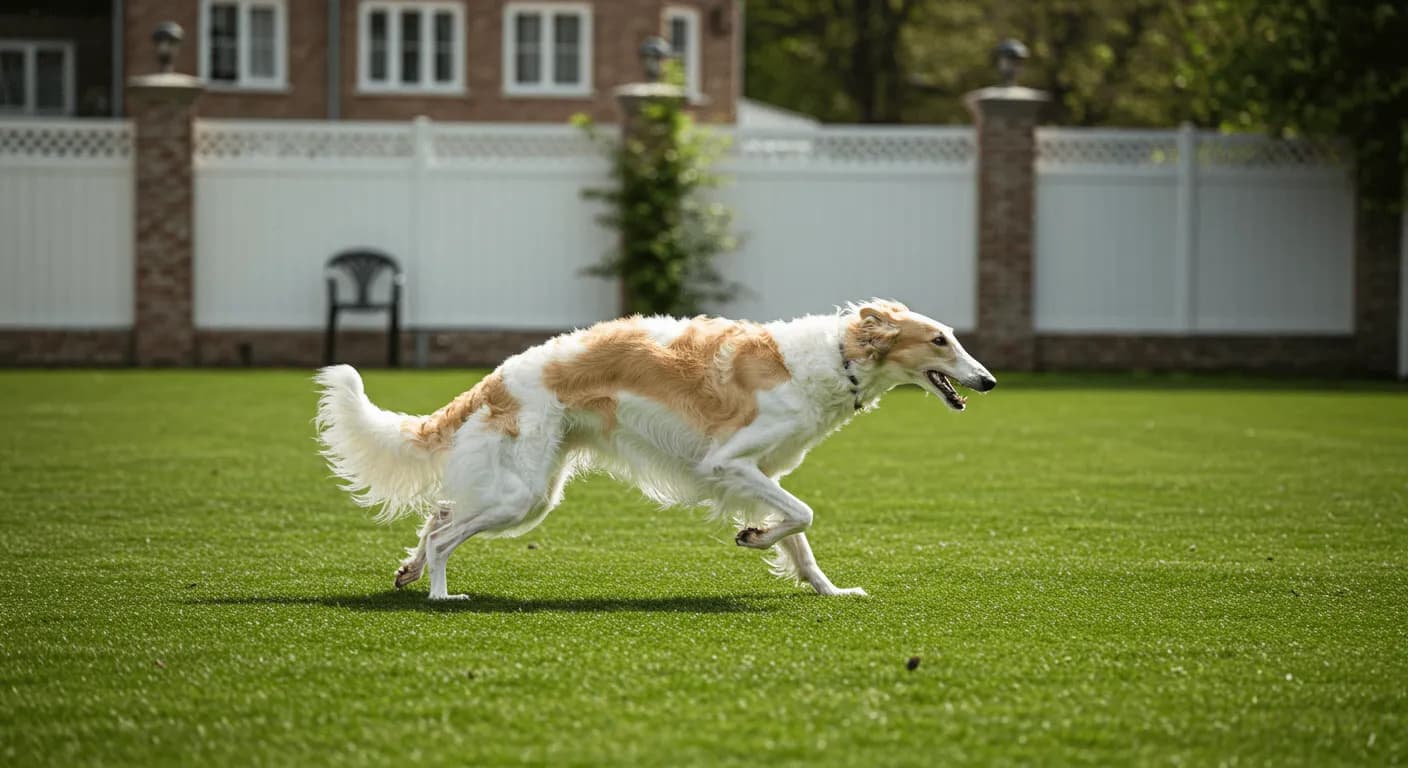 A Borzoi running at full speed within a large, fenced backyard, capturing its athletic prowess