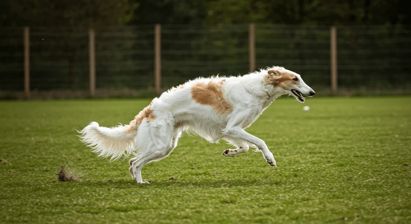 A Borzoi sprinting in a large enclosed field, its fur flowing in the wind as it runs at top speed