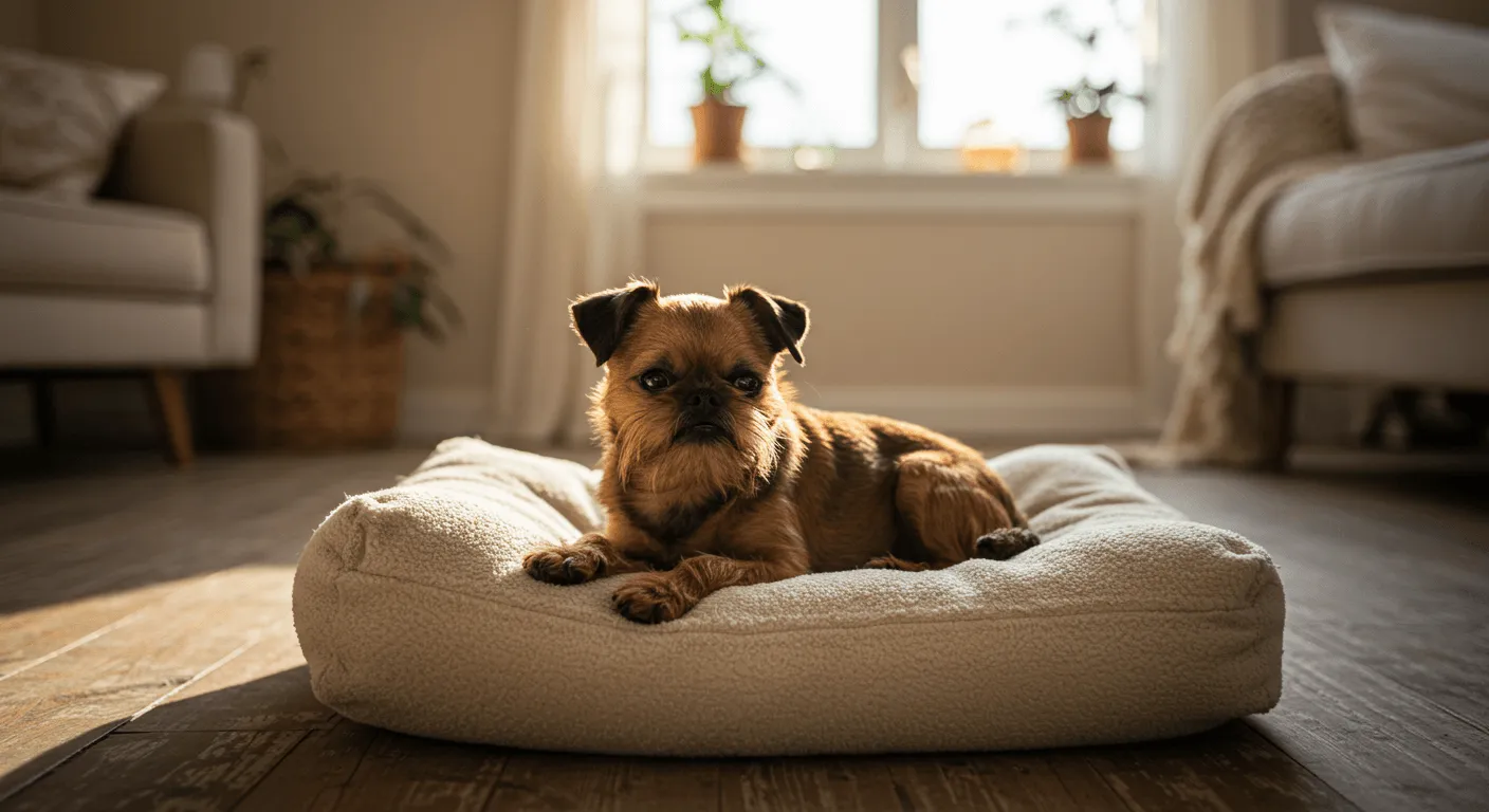 A Brussels Griffon lounging in a sunlit living room, comfortably nestled on a comfy cushion