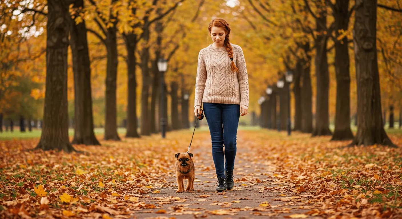 A Brussels Griffon walking alongside its owner in a park during fall, with leaves scattered on the ground