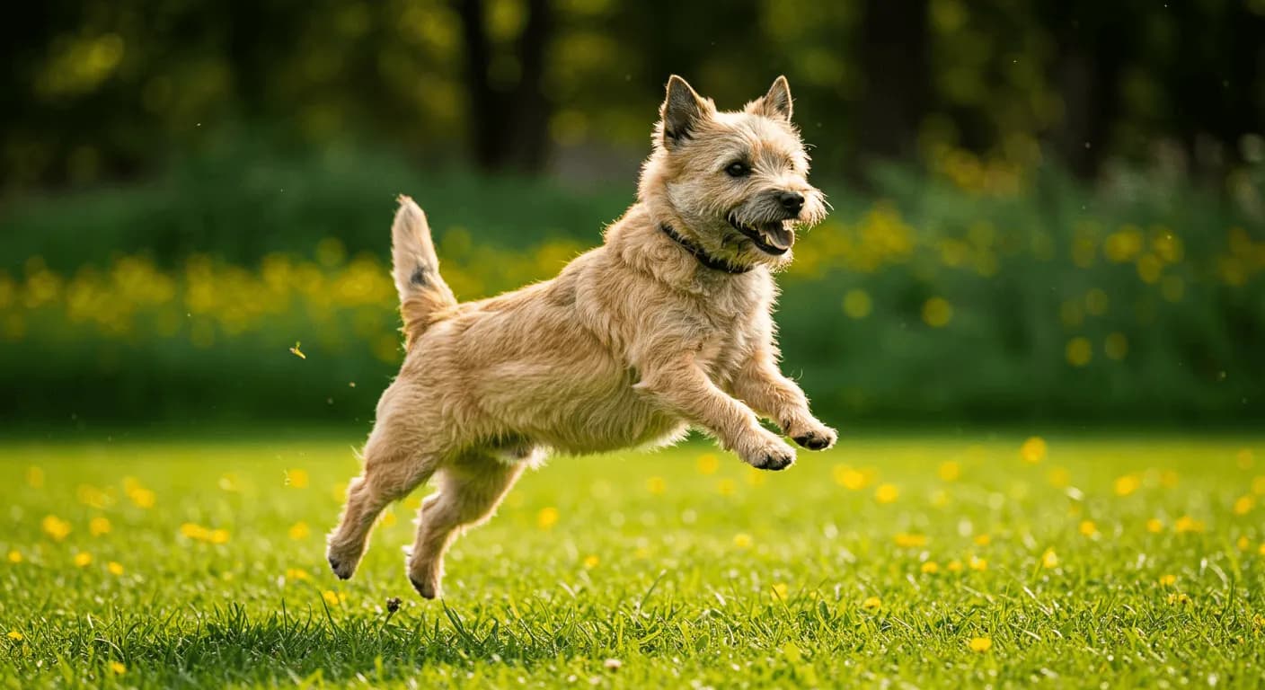 A Cairn Terrier mid-jump leaping through a grassy park with a joyful expression