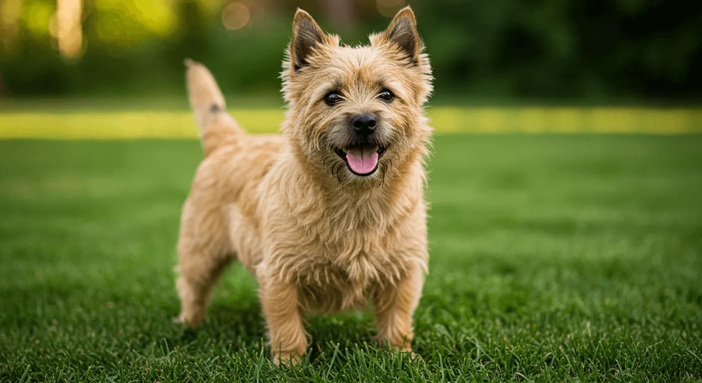 A cheerful Cairn Terrier standing on a grassy lawn, looking alert with its signature tousled coat and upright ears