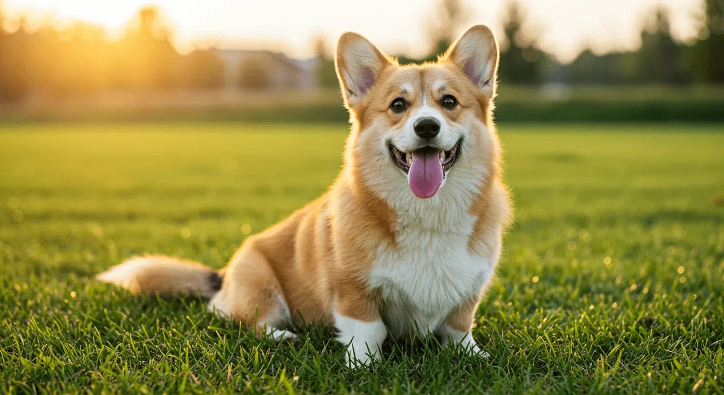 A cheerful Pembroke Welsh Corgi sitting on a grassy field, smiling with its tongue out and ears perked up