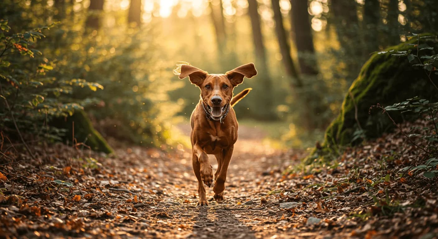 A cheerful Redbone Coonhound running through a forest trail, ears flapping