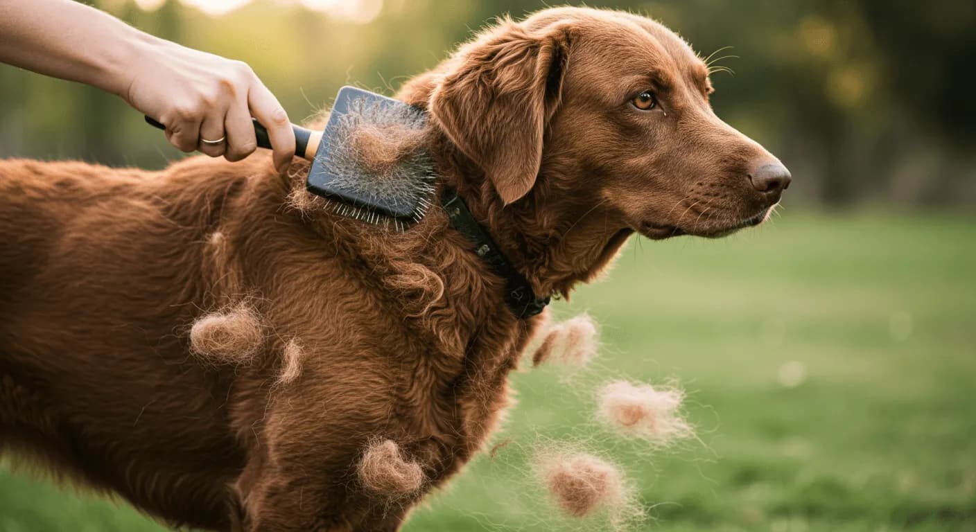 A Chesapeake Bay Retriever being brushed outdoors, surrounded by hair tufts from shedding