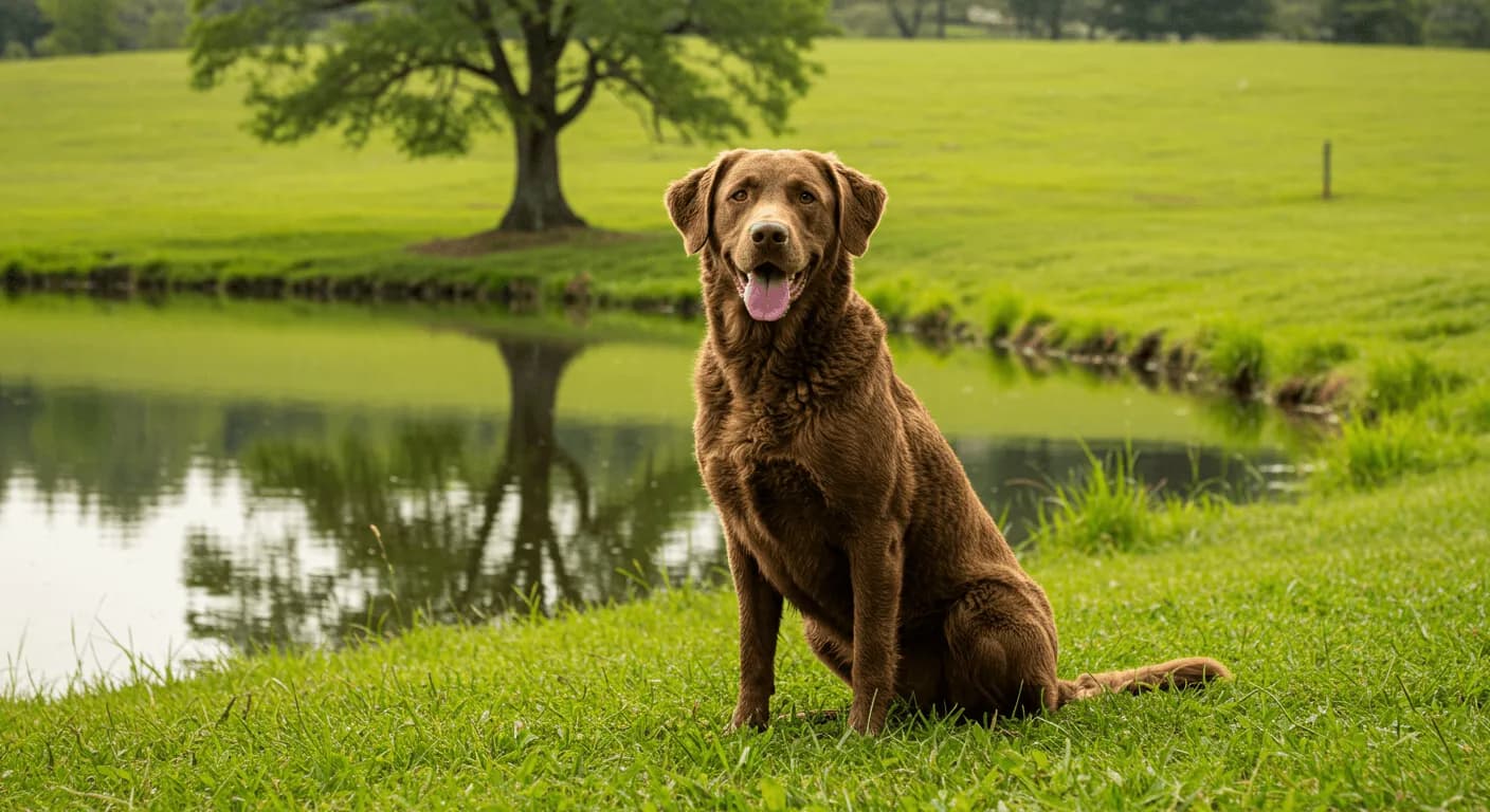 A Chesapeake Bay Retriever sitting proudly on a grassy field near a lake, reflecting its water-loving nature