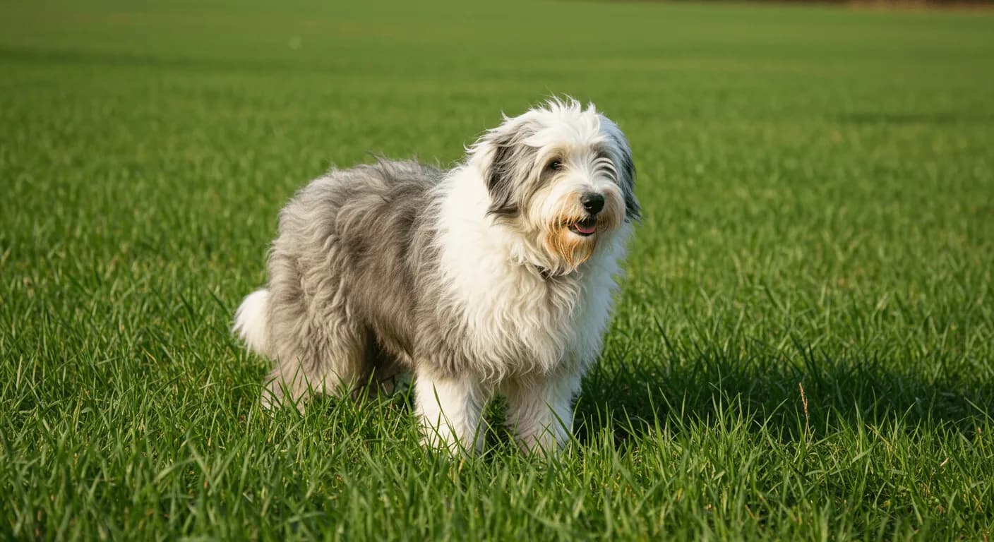 A classic Old English Sheepdog standing proudly in an open green field, with its long shaggy coat flowing in the breeze
