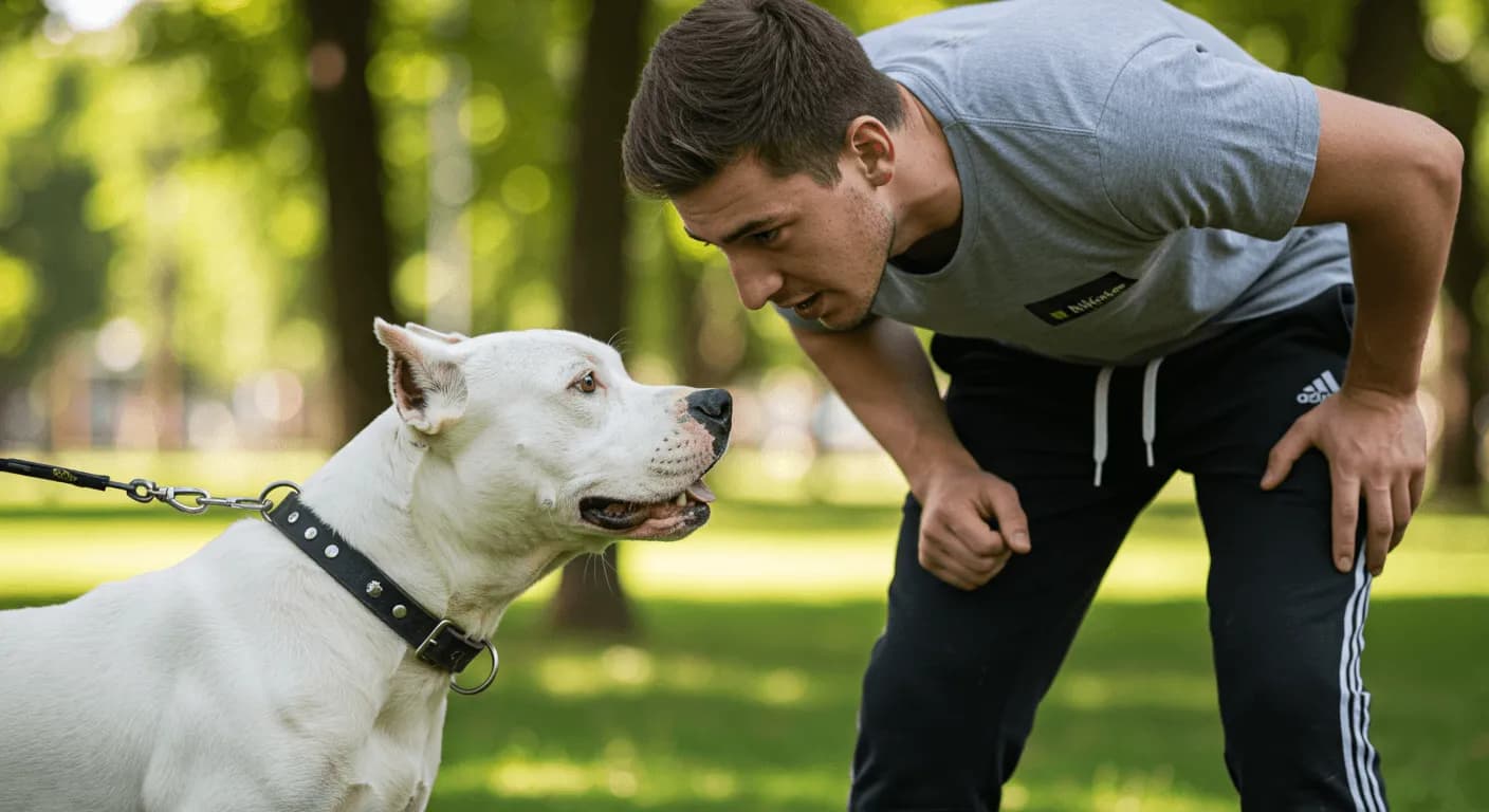 A close-up of a Dogo Argentino and its owner during a training session in a park, showing a strong bond and focus
