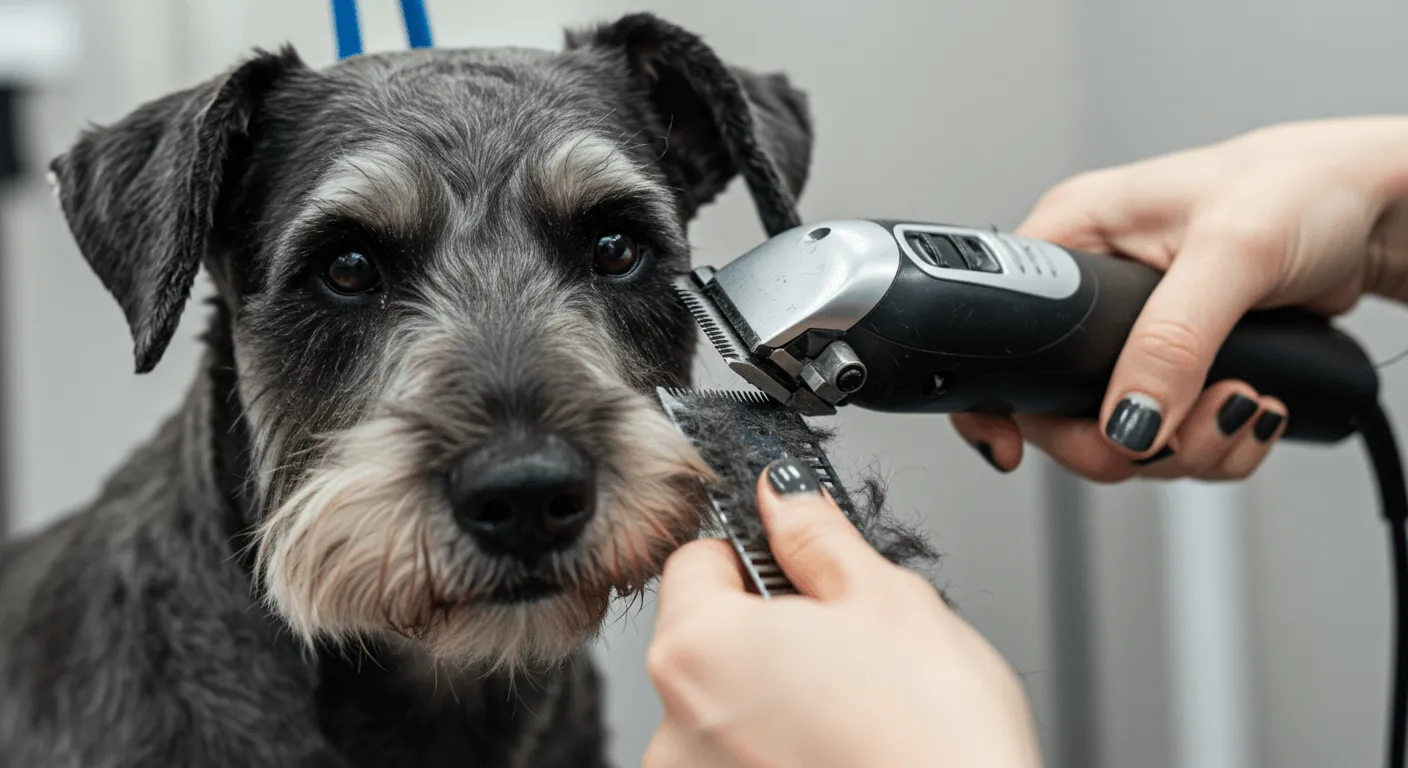 A close-up of a Giant Schnauzer being groomed by a person with clippers