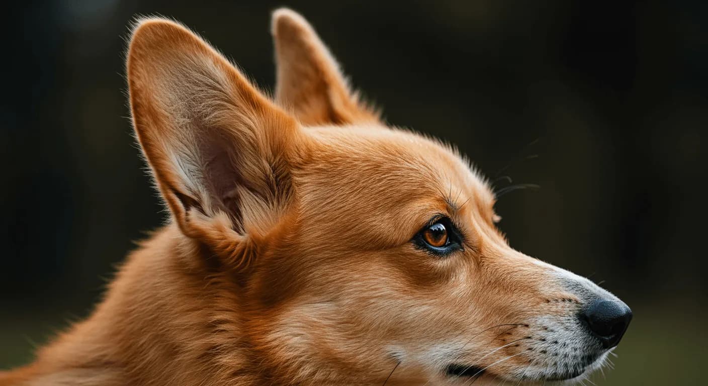 A close-up profile of a Pembroke Welsh Corgi's head showing its naturally erect, triangular ears with no signs of cropping or modification