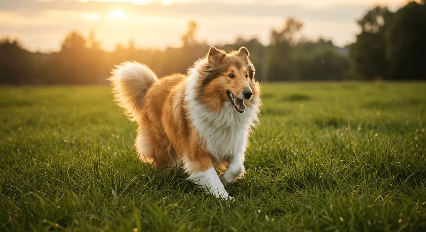 A Collie dog running joyfully through a grassy field, showcasing its athletic build and flowing coat in motion