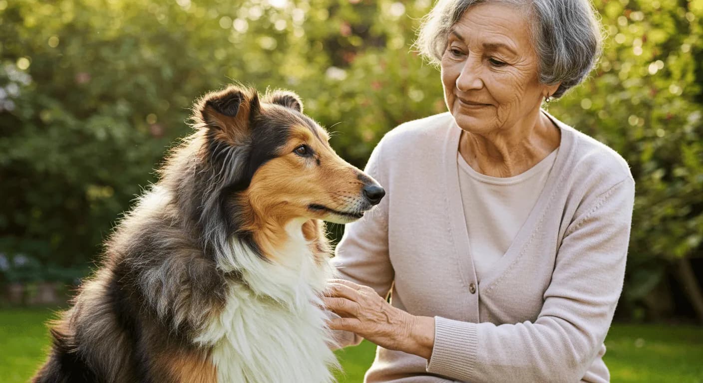 A Collie sitting attentively next to an elderly person, demonstrating the breed's gentle companionship qualities