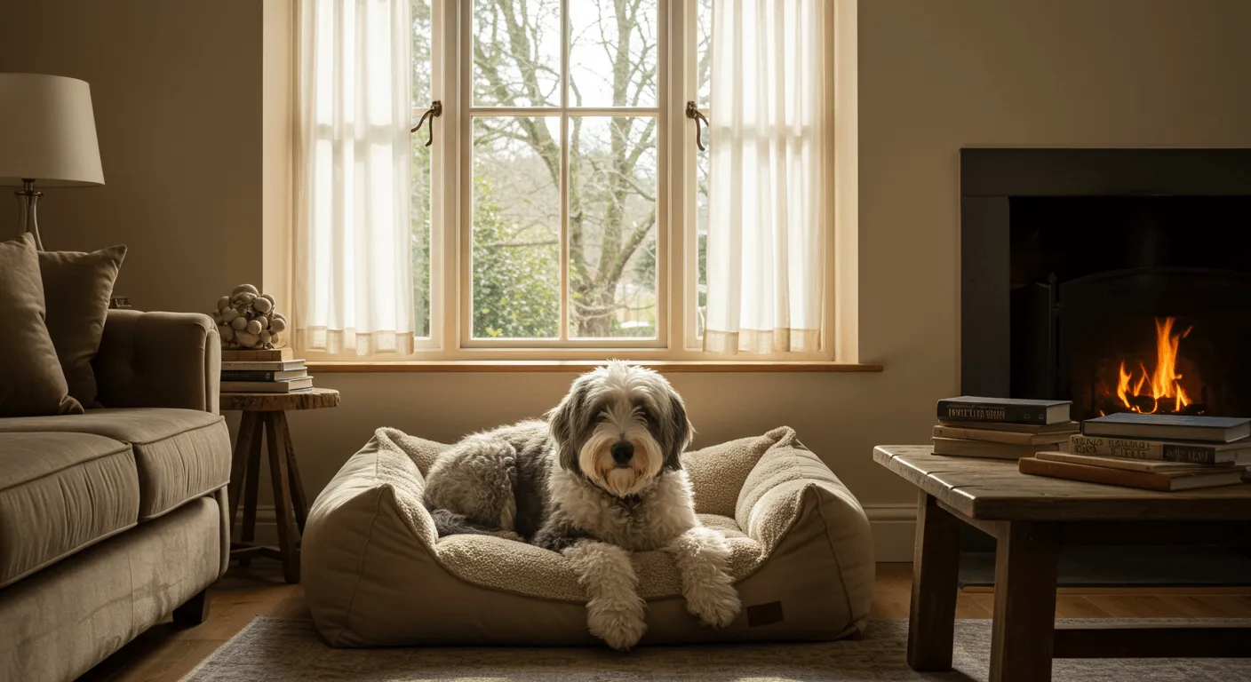 A cozy living room with an Old English Sheepdog relaxing on a plush dog bed near a window