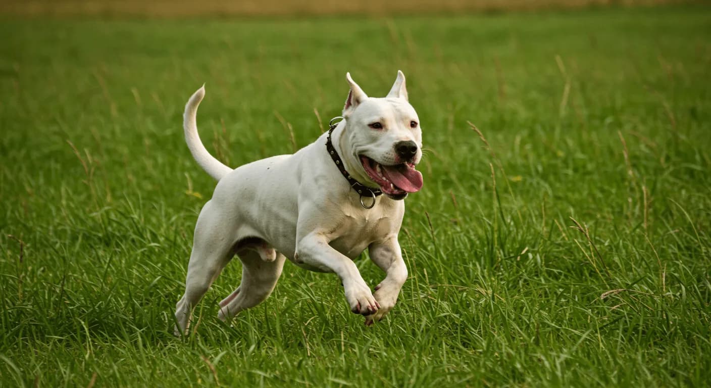 A Dogo Argentino running through a grassy field, tongue out, showcasing its energy and athleticism