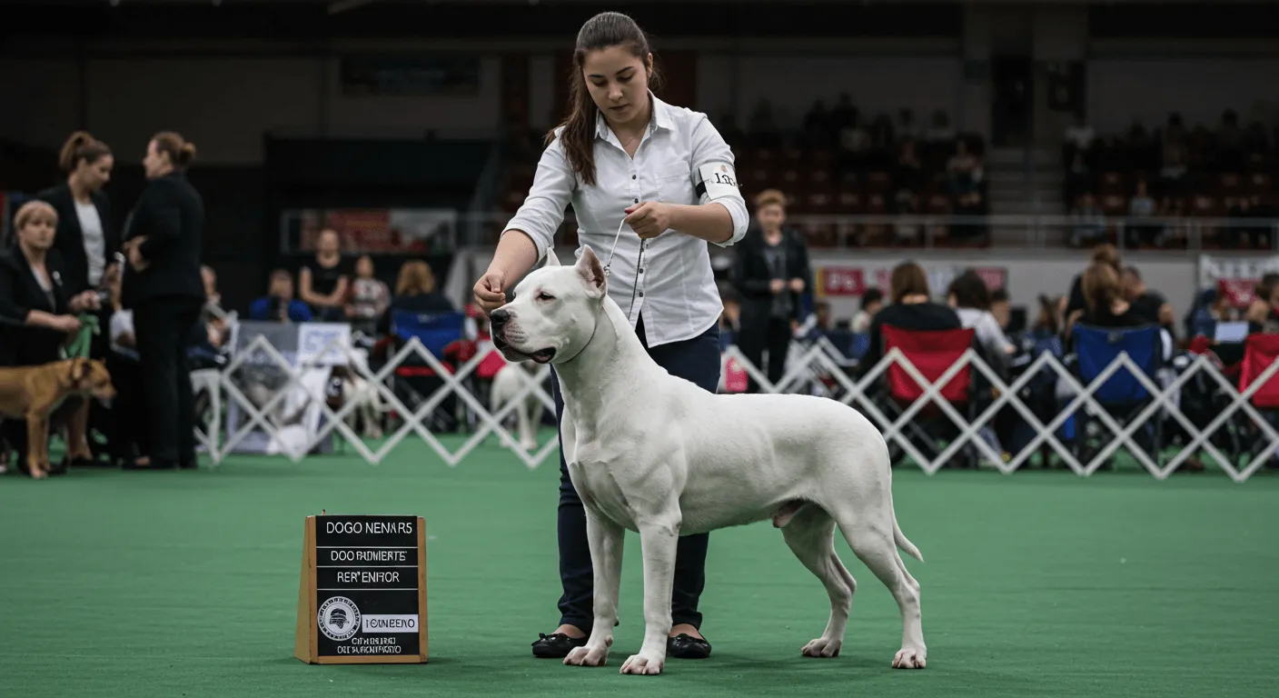 A Dogo Argentino standing proud beside its handler at a dog show event.