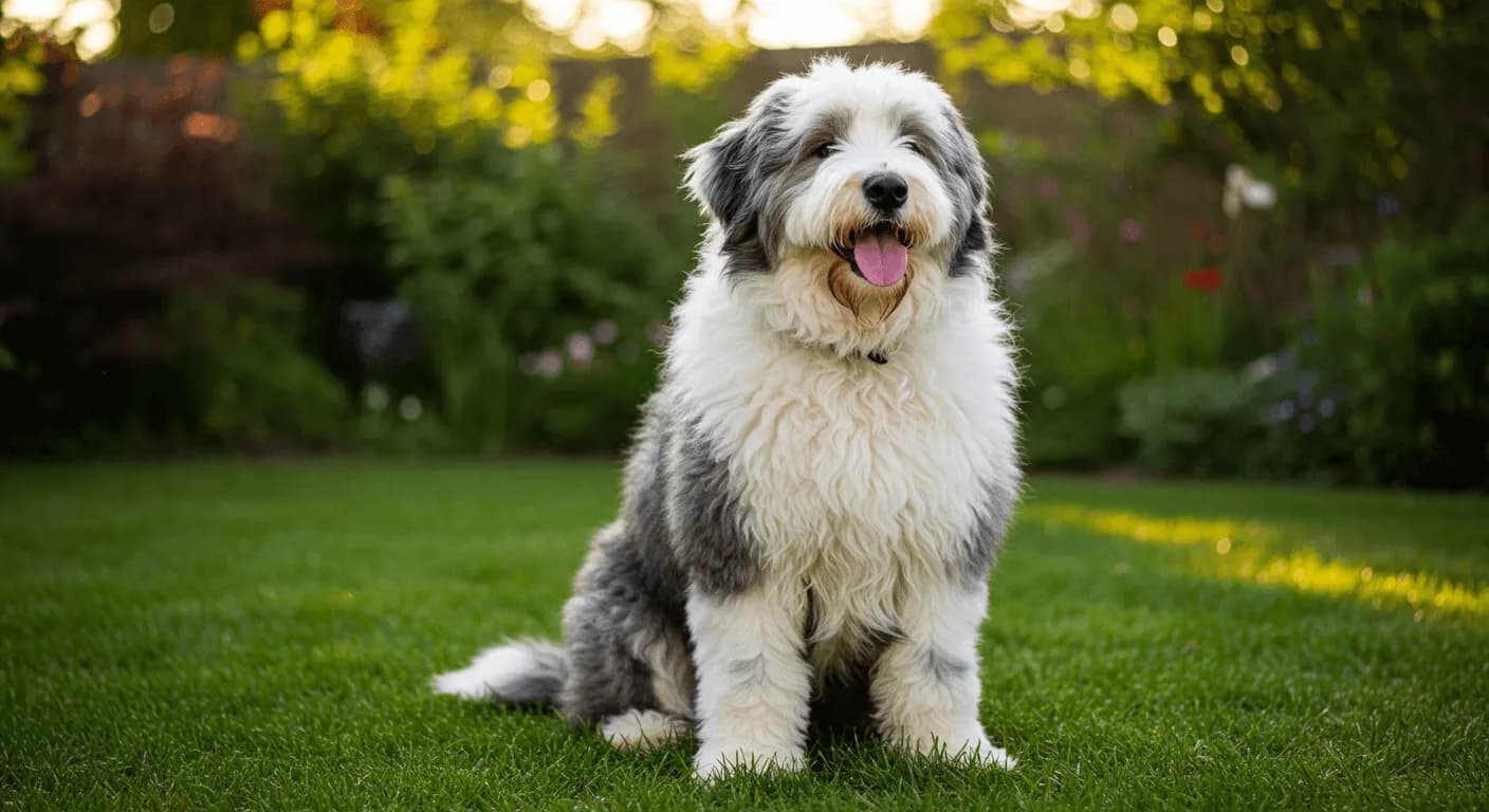 A fluffy Old English Sheepdog sitting in a green backyard, looking happy and well-groomed