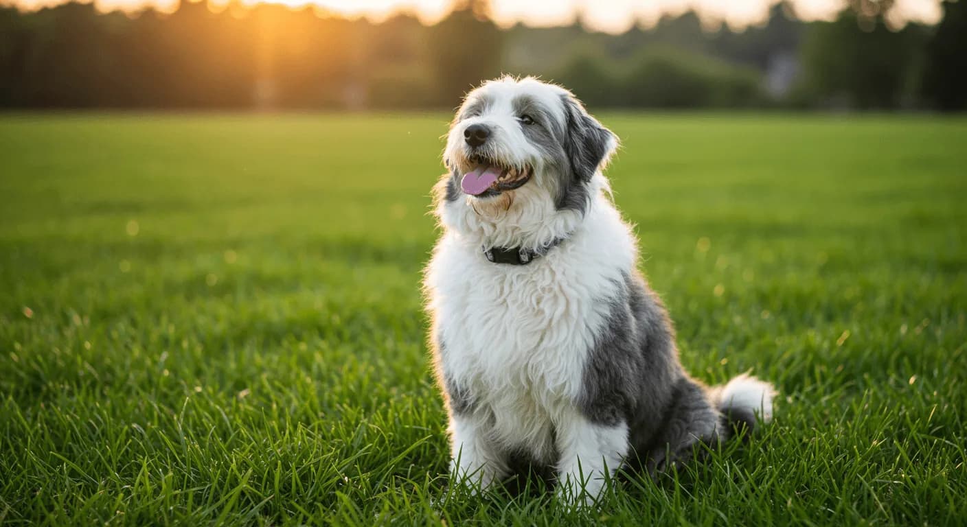 A fluffy Old English Sheepdog sitting in a green field, looking happy and relaxed