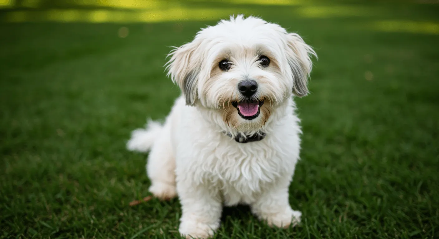 A fluffy white Coton De Tulear sitting on a grassy lawn, smiling at the camera