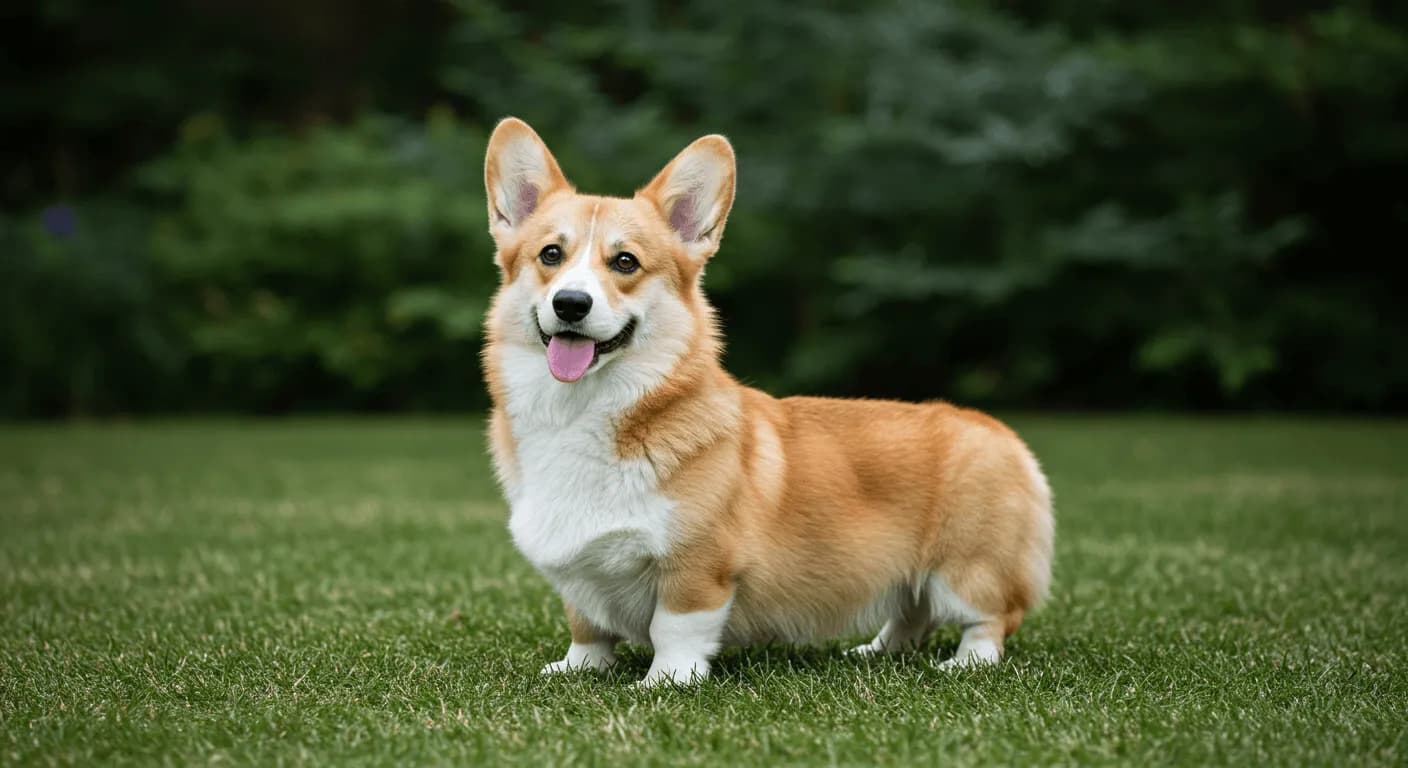 A formal portrait-style image of a Pembroke Welsh Corgi with a regal posture and expression, emphasizing the breed's royal connections and dignified appearance