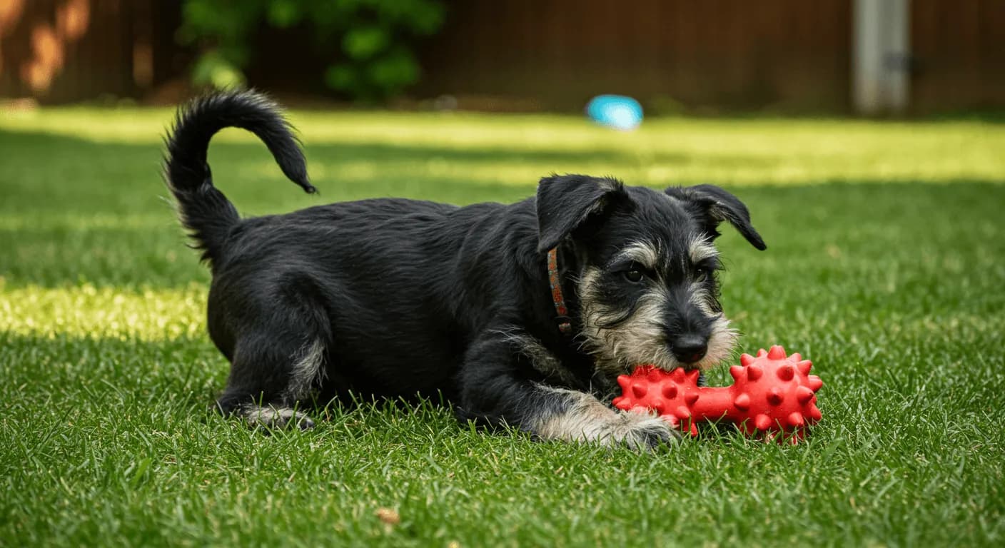 A Giant Schnauzer puppy with a full, natural tail playing with a chew toy