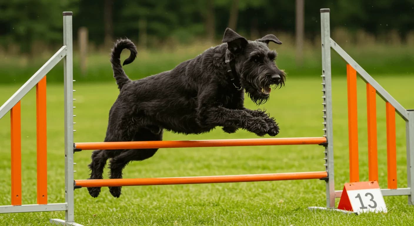 A Giant Schnauzer running through an agility course, jumping over a hurdle