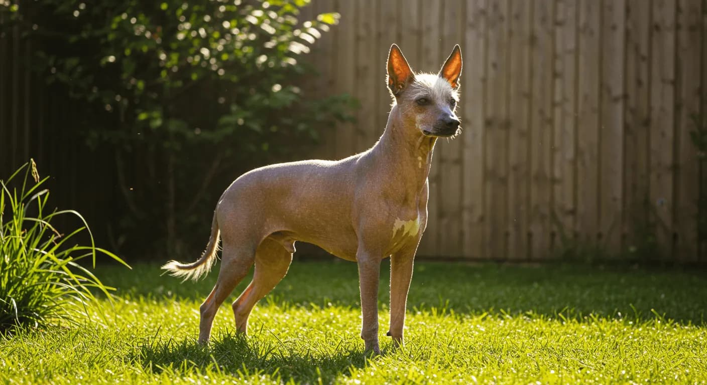 A graceful Xoloitzcuintli standing in a backyard with sunlight highlighting its sleek, hairless body