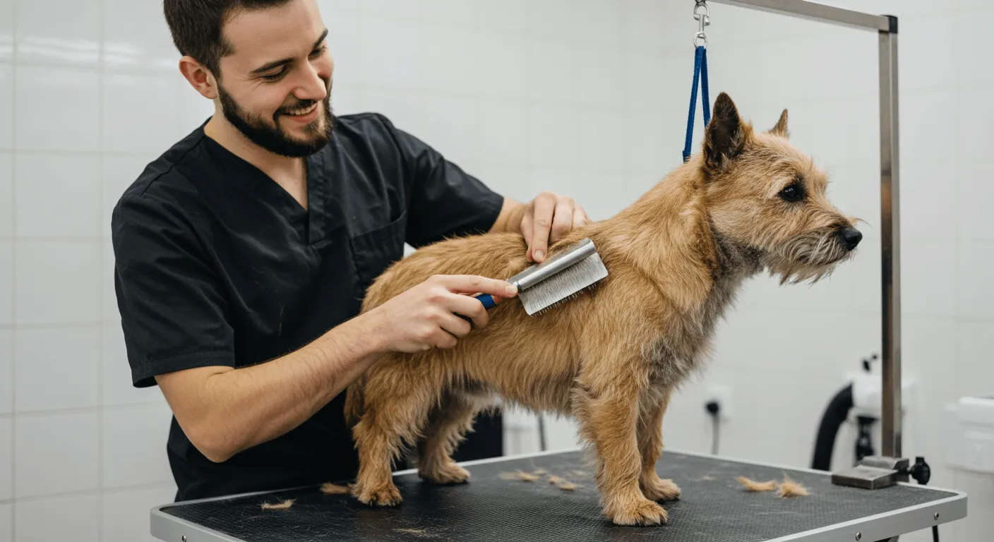A groomer brushing a Cairn Terrier’s coat while the dog stands patiently on a grooming table