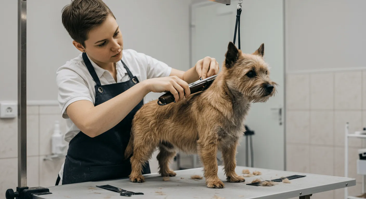 A groomer carefully trimming the coat of a standing Cairn Terrier on a table