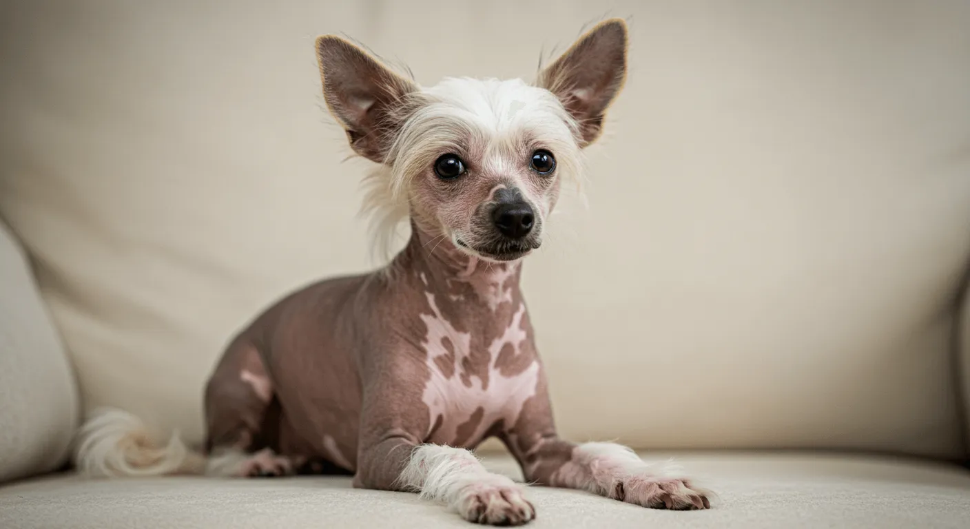 A hairless Chinese Crested dog sitting on a couch, showing its characteristic tufts of hair on head, feet, and tail, with a gentle, alert expression