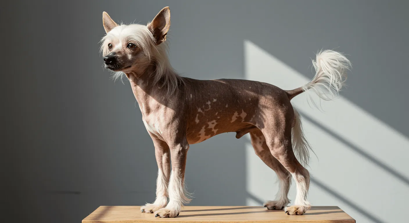 A hairless Chinese Crested dog standing proudly, showing its distinctive tufts of hair on head, feet, and tail, with its alert expression and elegant posture