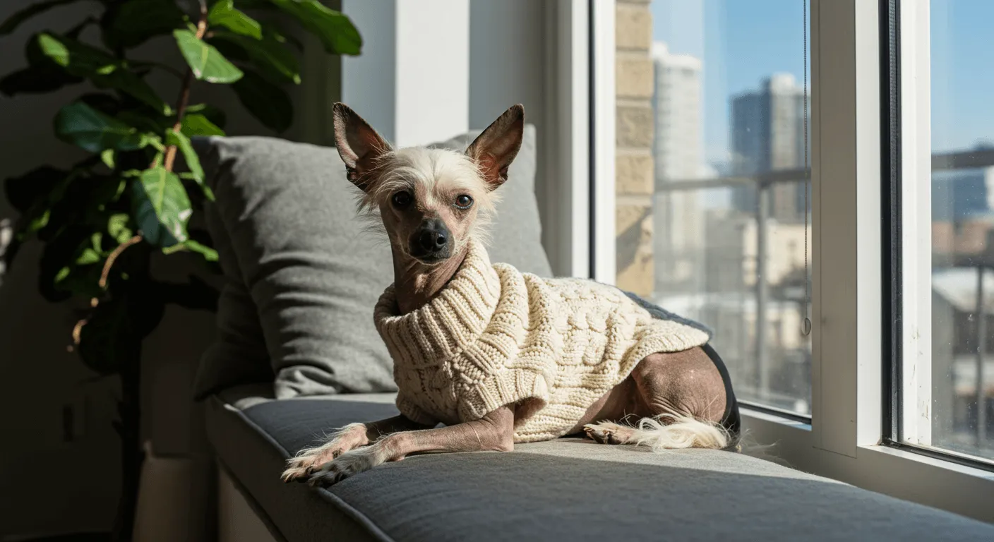 A hairless Chinese Crested dog wearing a stylish sweater, lounging on a window seat in an apartment setting, demonstrating how well they adapt to indoor living