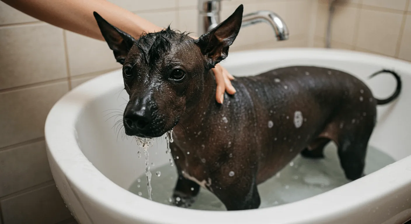 A hairless Xoloitzcuintli being bathed in a sink, looking calm and content
