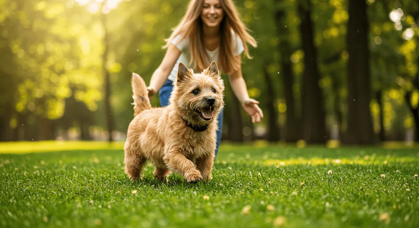 A happy Cairn Terrier with a full tail wagging as it runs toward its owner in a park