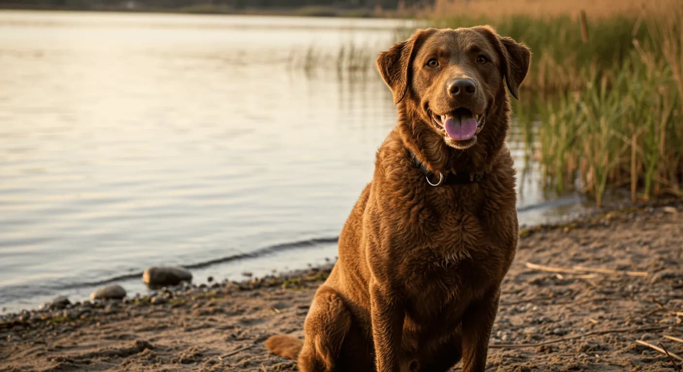 A happy Chesapeake Bay Retriever sitting near a lake with a shiny coat and alert expression