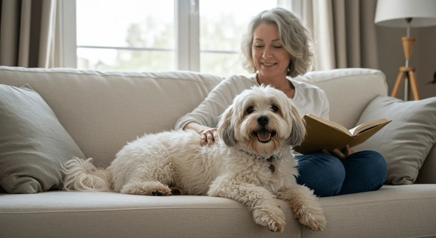 A happy Coton De Tulear lounging on a sofa next to its owner, both enjoying a quiet afternoon indoors
