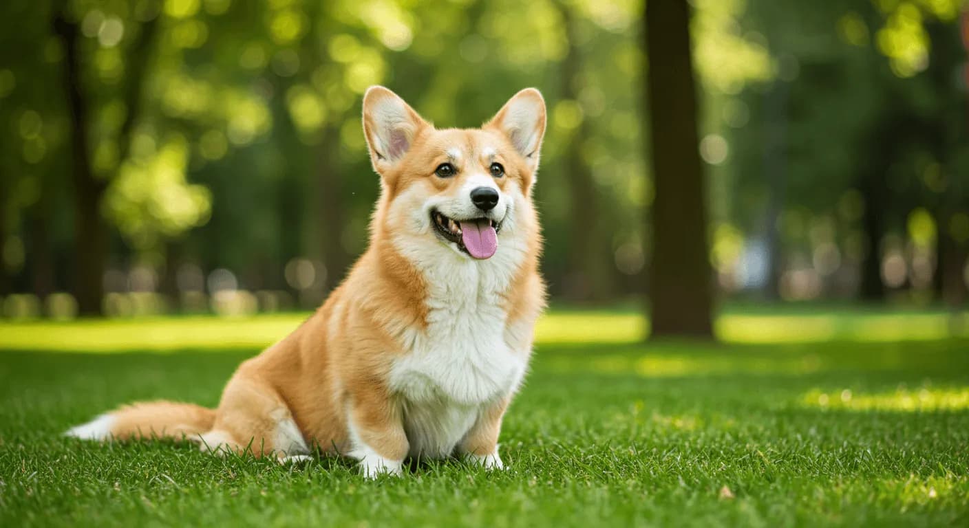 A happy Pembroke Welsh Corgi sitting on a grassy lawn with a treat in front of it during a training session